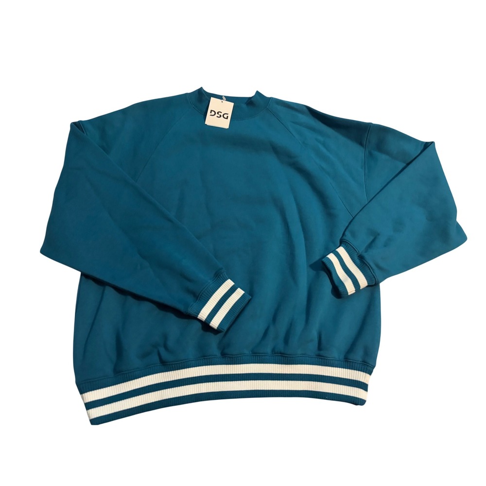 DSG Sweatshirt Mockneck Varsity Dark Teal Blue Striped Fleece NWT Medium